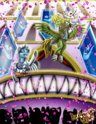 Size: 1279x1657 | Tagged: safe, artist:amalgamzaku, princess flurry heart, trixie, oc, oc:mark wells, alicorn, pegasus, pony, unicorn, fanfic:off the mark, g4, balcony, banner, canon x oc, castle, clothes, confetti, crowd, dress, female, filly, flying, foal, grin, jewelry, male, markxie, marriage, nervous, nervous smile, open mouth, raised hoof, smiling, spread wings, straight, suit, tiara, upset, waving, wedding, wedding dress, wedding suit, wings