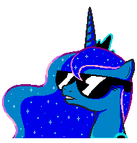 Size: 200x209 | Tagged: safe, artist:allet the cat, derpibooru exclusive, princess luna, alicorn, pony, g4, cool, deal with it, ethereal mane, female, horn, manepxls, mare, pixel art, pxls.space, simple background, solo, starry mane, stars, sunglasses, teeth, transparent background