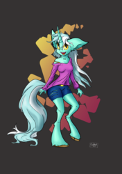 Size: 2039x2894 | Tagged: safe, artist:coldtrail, lyra heartstrings, anthro, unguligrade anthro, g4, big ears, big tail, bra strap, clothes, female, high res, off shoulder, shorts, solo, unshorn fetlocks