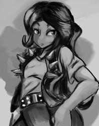 Size: 1358x1719 | Tagged: safe, artist:kunshomo, sunset shimmer, equestria girls, g4, clothes, female, jacket, leather jacket, looking at you, monochrome, solo