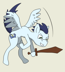 Size: 1182x1319 | Tagged: safe, artist:greeneyedmistress, soarin', pegasus, pony, g4, backwards cutie mark, colt, flying, male, solo, toy, toy sword, younger