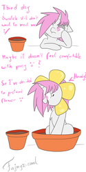 Size: 3000x6000 | Tagged: safe, artist:fajnyziomal, oc, oc only, oc:purple light, pony, unicorn, comic:świstek, :/, :o, c:, chest fluff, cute, disguise, engrish, eyeshadow, female, flower costume, flower pot, howdy, lidded eyes, looking at something, looking down, makeup, mare, no pupils, open mouth, silly, simple background, sitting, smiling, solo, text, waiting, white background