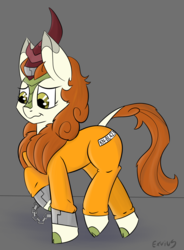Size: 2000x2719 | Tagged: safe, artist:exvius, autumn blaze, kirin, pony, g4, clothes, cuffs, green background, high res, jumpsuit, kn-bl423, looking down, magic suppression, prison outfit, shackles, simple background, solo