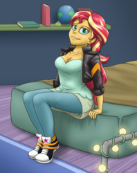 Size: 1587x2000 | Tagged: safe, artist:ashley_urikoshima, sunset shimmer, human, equestria girls, g4, bed, converse, female, shoes, smiling, sneakers, solo, string lights, sunset's apartment