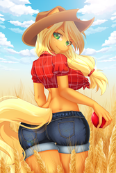 Size: 1000x1500 | Tagged: safe, artist:gyuumu, applejack, earth pony, anthro, g4, apple, applejack's hat, breasts, busty applejack, clothes, cloud, cowboy hat, cute, daisy dukes, female, food, freckles, front knot midriff, hat, hay, jackabetes, looking at you, looking back, looking back at you, mare, midriff, shorts, sky, smiling, solo, watermark