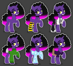 Size: 914x823 | Tagged: safe, artist:bluedinoadopts, oc, oc only, oc:cherry fizzy, bee, pony, unicorn, afro, apron, bedroom eyes, black background, blank flank, blouse, boots, cherry, choker, clothes, cute, ear piercing, earring, female, fishnet stockings, food, freckles, gray underwear, grin, jeans, jewelry, mare, necklace, nose piercing, nose ring, ocbetes, pajamas, pants, piercing, raised hoof, shirt, shoes, shorts, signature, simple background, skirt, smiling, socks, solo, stars, stockings, striped socks, sweater, t-shirt, thigh highs, underwear, waitress