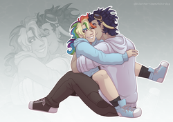 Size: 4960x3507 | Tagged: safe, artist:monnarcha, rainbow dash, soarin', human, g4, clothes, converse, eyes closed, female, hoodie, humanized, male, pants, ship:soarindash, shipping, shoes, sneakers, straight, zoom layer