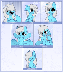 Size: 1212x1365 | Tagged: dead source, safe, artist:php146, oc, oc only, oc:sea fluff, pegasus, pony, chest fluff, chibi, expressions, eye clipping through hair, female, mare, solo, tongue out