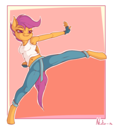 Size: 1200x1325 | Tagged: safe, artist:neko-me, scootaloo, anthro, unguligrade anthro, apple bloomers, g4, armpits, belly button, breasts, busty scootaloo, clothes, female, fingerless gloves, gloves, martial arts, midriff, older, pants, solo, tank top, wavy mouth