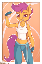 Size: 789x1200 | Tagged: safe, artist:neko-me, scootaloo, anthro, apple bloomers, g4, armpits, belly button, breasts, busty scootaloo, clothes, female, fingerless gloves, flexing, gloves, looking at you, midriff, older, pants, smiling, smirk, solo, tank top