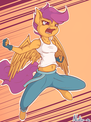 Size: 940x1250 | Tagged: safe, artist:neko-me, scootaloo, anthro, unguligrade anthro, apple bloomers, g4, action pose, armpits, belly button, breasts, busty scootaloo, clothes, female, fingerless gloves, gloves, martial arts, midriff, older, open mouth, pants, solo, tank top