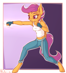 Size: 1083x1200 | Tagged: safe, artist:neko-me, scootaloo, anthro, unguligrade anthro, apple bloomers, g4, belly button, breasts, busty scootaloo, clothes, female, fingerless gloves, gloves, martial arts, midriff, older, pants, punch, solo, sweat, tank top