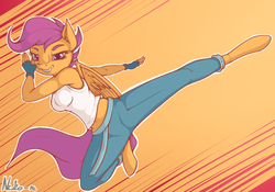 Size: 1200x839 | Tagged: safe, artist:neko-me, scootaloo, anthro, unguligrade anthro, apple bloomers, g4, action pose, breasts, busty scootaloo, clothes, female, fingerless gloves, gloves, jump kick, kick, looking at you, martial arts, midriff, older, pants, pose, solo, tank top