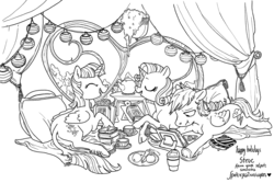 Size: 1280x853 | Tagged: safe, artist:spectralunicorn, rainbow dash, rarity, twilight sparkle, alicorn, classical unicorn, pegasus, pony, unicorn, g4, black and white, book, carrot, cloven hooves, eating, female, food, grayscale, horn, leonine tail, lineart, mare, monochrome, reading, trio, twilight sparkle (alicorn), unshorn fetlocks