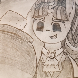 Size: 2479x2479 | Tagged: safe, artist:antique1899, starlight glimmer, pony, unicorn, a hearth's warming tail, g4, season 6, cauldron, clothes, evil smile, female, grin, high res, monochrome, pencil drawing, sharp teeth, smiling, solo, suit, teeth, traditional art