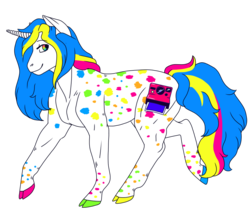 Size: 930x800 | Tagged: safe, artist:guidomista, oc, pony, unicorn, adoptable, camera, cloven hooves, design, female, hooves, horn, long horn, mare, markings, multicolored, multicolored hair, multicolored mane, multicolored tail, neon, photo, photographer, picture, polaroid, polka dots, rainbow, smiling, sold, splotches, spots, spotted, trotting, walking