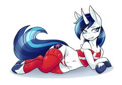 Size: 1725x1200 | Tagged: safe, artist:ambris, shining armor, unicorn, semi-anthro, g4, bedroom eyes, belly button, clothes, denmark, draw me like one of your french girls, female, gleaming shield, leg warmers, looking at you, lying down, mare, panties, rule 63, sexy, simple background, smiling, smiling at you, socks, solo, tank top, thigh highs, thong, underwear, unshorn fetlocks, white background