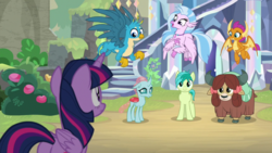 Size: 1920x1080 | Tagged: safe, screencap, gallus, ocellus, sandbar, silverstream, smolder, twilight sparkle, yona, alicorn, changedling, changeling, classical hippogriff, dragon, earth pony, griffon, hippogriff, pony, yak, g4, uprooted, bow, butt, cloven hooves, colored hooves, dragoness, female, flying, hair bow, jewelry, male, monkey swings, necklace, plot, student six, teenager, twilight sparkle (alicorn)
