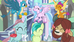 Size: 1920x1080 | Tagged: safe, screencap, gallus, ocellus, sandbar, silverstream, smolder, yona, changedling, changeling, classical hippogriff, dragon, earth pony, griffon, hippogriff, pony, yak, g4, uprooted, cute, diaocelles, diastreamies, dragoness, eyes closed, female, flying, foal, gallabetes, happy, male, sandabetes, smiling, smolderbetes, student six, teenager, yonadorable