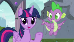 Size: 1920x1080 | Tagged: safe, screencap, spike, twilight sparkle, alicorn, dragon, pony, g4, uprooted, claws, female, male, twilight sparkle (alicorn), winged spike, wings