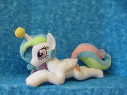 Size: 3648x2736 | Tagged: safe, artist:bluedragonflyplush, princess celestia, alicorn, pony, g4, ball, female, folded wings, high res, hilarious in hindsight, horn, horn guard, horn impalement, horn problems, hornball, irl, mare, photo, plushie, prone, solo, tennis ball, unicorn problems, wings, young celestia