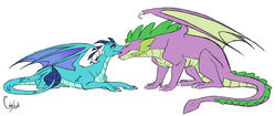 Size: 1280x536 | Tagged: safe, artist:colourstrike, princess ember, spike, dragon, g4, dragoness, duo, female, male, nuzzling, older, older spike, ship:emberspike, shipping, simple background, straight, white background