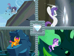 Size: 960x720 | Tagged: safe, artist:masem, artist:php11, edit, edited screencap, editor:sponandi, screencap, maud pie, rarity, smolder, starlight glimmer, tom, dragon, earth pony, pony, unicorn, g4, maud pie (episode), the return of harmony, to where and back again, uprooted, animated, chrysalis' throne, corrupted, corrupted rarity, cropped, digging, discorded, female, gif, mare, mario party, mario party 2, muda pie, pickelhaube, rock, super mario bros.