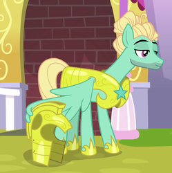 Size: 1030x1035 | Tagged: safe, screencap, zephyr breeze, pegasus, pony, g4, sparkle's seven, cropped, hoof shoes, male, royal guard armor, royal guard zephyr breeze, smiling, stallion, wing hands, wings