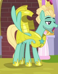 Size: 808x1038 | Tagged: safe, screencap, zephyr breeze, pegasus, pony, g4, sparkle's seven, cropped, helmet, hoof shoes, male, royal guard armor, royal guard zephyr breeze, smiling, wing hands, wings