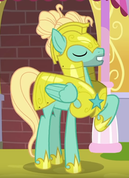 Size: 486x669 | Tagged: safe, screencap, zephyr breeze, pegasus, pony, g4, sparkle's seven, cropped, hoof shoes, male, raised hoof, royal guard armor, royal guard zephyr breeze, smiling, stallion, wings