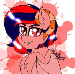 Size: 691x685 | Tagged: safe, artist:kellysans, oc, oc:darkyron bladebood, demon, demon pony, original species, abstract background, male, signature, slit pupils