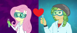 Size: 831x357 | Tagged: safe, edit, edited screencap, screencap, fluttershy, sandalwood, acadeca, equestria girls, g4, my little pony equestria girls: friendship games, clothes, female, gloves, lab coat, male, rubber gloves, sandalshy, shipping, shipping domino, straight