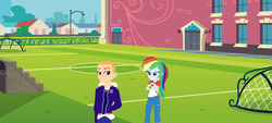 Size: 1280x576 | Tagged: safe, artist:kayman13, artist:selenaede, rainbow dash, human, equestria girls, g4, bully, bully (video game), clothes, crossed arms, female, jimmy hopkins, looking at each other, male, smiling, soccer field