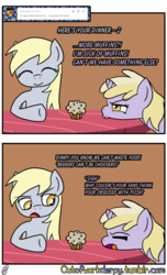 Size: 1280x2106 | Tagged: safe, artist:outofworkderpy, derpy hooves, dinky hooves, pegasus, pony, unicorn, comic:out of work derpy, g4, comic, cute, derpabetes, dinkabetes, duo, duo female, female, filly, food, mare, mother and daughter, muffin, outofworkderpy, table, tumblr, tumblr comic