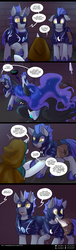 Size: 950x3142 | Tagged: safe, artist:cosmalumi, nightmare moon, oc, oc:bright eyes, oc:fenix, oc:quake, pony, unicorn, comic:ask queen moon, tumblr:ask queen moon, g4, cloak, clothes, comic, ethereal mane, female, fire, mare, night guard, saddle bag, starry mane, torch