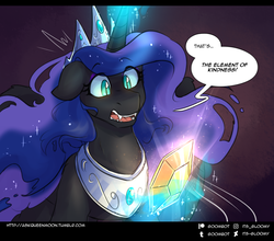 Size: 950x837 | Tagged: safe, artist:cosmalumi, nightmare moon, pony, tumblr:ask queen moon, g4, element of kindness, ethereal mane, female, glowing horn, horn, magic, starry mane, telekinesis