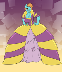 Size: 2850x3300 | Tagged: safe, artist:toughset, tangerine tassels, earth pony, anthro, g4, rarity takes manehattan, abstract background, background pony, breasts, cleavage, clothes, dress, female, gown, high res, latex dress, solo