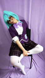 Size: 3474x6000 | Tagged: safe, artist:ribbonbell, sonata dusk, human, g4, barefoot, bow, clothes, cosplay, costume, crystal prep academy uniform, feet, folded forelegs, glasses, head tilt, irl, irl human, long socks, missing shoes, no shoes, photo, plaid skirt, pleated skirt, school uniform, sitting, skirt, socks, thigh highs, zettai ryouiki