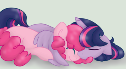 Size: 5336x2920 | Tagged: safe, artist:mississippikite, pinkie pie, twilight sparkle, alicorn, earth pony, pony, g4, 30 day otp challenge, cute, daaaaaaaaaaaw, diapinkes, eyes closed, female, hnnng, hug, lesbian, mare, ship:twinkie, shipping, simple background, sleeping, smiling, snuggling, twiabetes, twilight sparkle (alicorn), white background, winghug