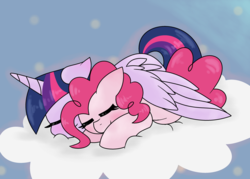Size: 3088x2216 | Tagged: safe, artist:mississippikite, pinkie pie, twilight sparkle, alicorn, earth pony, pony, g4, 30 day otp challenge, cloud, cuddling, cute, diapinkes, eyes closed, female, high res, hnnng, hug, lesbian, mare, ship:twinkie, shipping, sleeping, smiling, twiabetes, twilight sparkle (alicorn), winghug