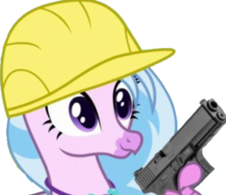Size: 363x313 | Tagged: safe, edit, edited screencap, screencap, silverstream, hippogriff, pony, g4, non-compete clause, construction helmet, emote, emotes, female, glock, gun, handgun, hard hat, hat, jewelry, necklace, no trigger discipline, pistol, simple background, solo, teenager, transparent background, weapon