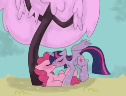 Size: 3560x2704 | Tagged: safe, artist:mississippikite, pinkie pie, twilight sparkle, alicorn, earth pony, pony, g4, 30 day otp challenge, blushing, duo, eyes closed, female, high res, kiss on the lips, kissing, lesbian, love, making out, mare, missing cutie mark, ship:twinkie, shipping, sky, tree, twilight sparkle (alicorn), wings
