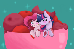 Size: 5176x3448 | Tagged: safe, artist:mississippikite, pinkie pie, twilight sparkle, alicorn, pony, g4, 30 day otp challenge, blushing, bowl, cute, diapinkes, eyes closed, female, food, ice cream, lesbian, licking, mare, messy, one eye closed, ship:twinkie, shipping, sky, stars, tongue out, twiabetes, twilight sparkle (alicorn)