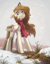Size: 1887x2430 | Tagged: safe, artist:koviry, oc, oc only, oc:major skybird, bird, pegasus, pony, clothes, looking at you, looking down, scarf, scenery, smiling, snow, snowdrop (flower), solo