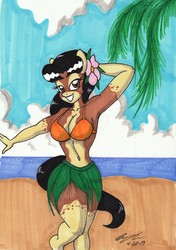 Size: 2085x2957 | Tagged: safe, artist:newyorkx3, oc, oc only, oc:crystal, earth pony, anthro, plantigrade anthro, anthro oc, armpits, beach, beautiful, belly button, bikini, bikini top, breasts, busty crystal, clothes, cloud, dancing, female, grass skirt, high res, hula, hula dance, lei, mare, midriff, miniskirt, skirt, smiling, swimsuit, thighs, traditional art