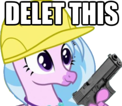 Size: 363x313 | Tagged: safe, edit, edited screencap, screencap, silverstream, classical hippogriff, hippogriff, g4, non-compete clause, caption, delet this, emote, female, glock, gun, handgun, hard hat, image macro, jewelry, meme, necklace, no trigger discipline, pistol, simple background, solo, text, transparent background, weapon