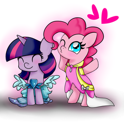 Size: 834x834 | Tagged: safe, artist:mississippikite, pinkie pie, twilight sparkle, alicorn, earth pony, pony, g4, 30 day otp challenge, bipedal, chibi, clothes, coronation dress, cute, diapinkes, dress, eyes closed, female, heart, hnnng, kissy face, lesbian, one eye closed, pose, princess dress, ship:twinkie, shipping, simple background, sitting, smiling, standing, twiabetes, twilight sparkle (alicorn), white background, wink
