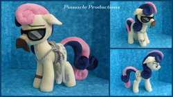Size: 1366x768 | Tagged: safe, artist:bluedragonflyplush, bon bon, sweetie drops, earth pony, pony, g4, disguise, fake moustache, female, floppy ears, irl, mare, photo, plushie, rope, secret agent sweetie drops, solo, standing, sunglasses, watch