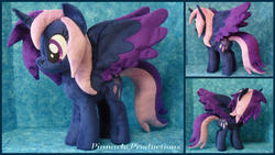 Size: 1280x720 | Tagged: safe, artist:bluedragonflyplush, oc, oc only, oc:moondream, alicorn, pony, female, horn, irl, mare, photo, plushie, solo, spread wings, standing, wings