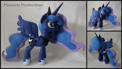 Size: 1024x576 | Tagged: safe, artist:bluedragonflyplush, princess luna, alicorn, pony, g4, female, hoof shoes, horn, irl, jewelry, mare, peytral, photo, plushie, regalia, solo, spread wings, standing, wings